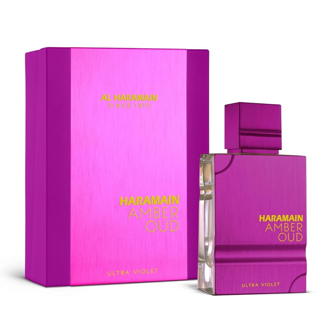 Frasco de Al Haramain Amber Oud Ultra Violet Eau de Parfum (2 oz) para mujer