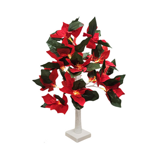 Decorative poinsettia tree with red flowers and green leaves on a white background