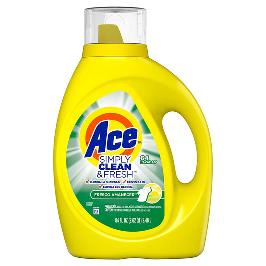 A bright yellow bottle of Ace Simply Clean & Fresh laundry detergent with a clear cap, shown on a plain white background.