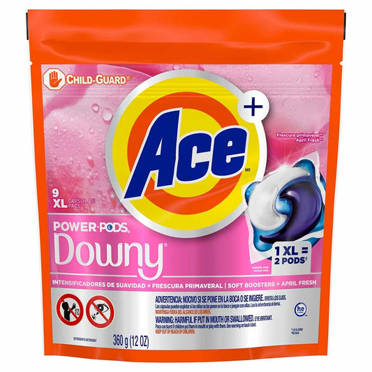 A package of Ace Downy Power-Pods soft booster detergent, 9XL count, in a resealable orange and pink stand-up pouch with a large Ace logo and a graphic of a blue and white pod.