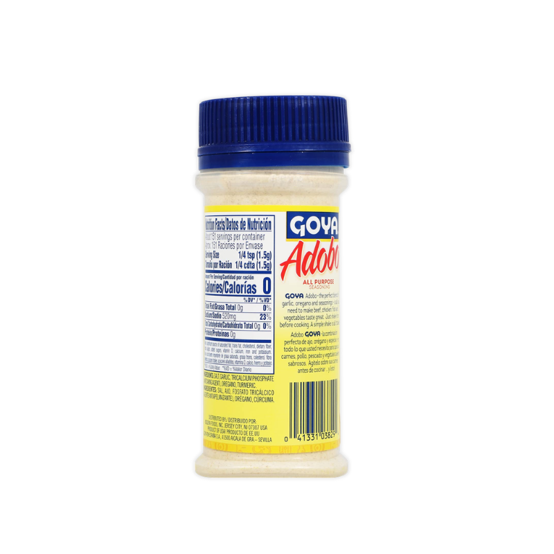 A bottle of Goya's Adobo All Purpose seasoning powder, featuring a blue ribbed cap and a yellow label with white text, shown on a plain white background.