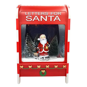Red mailbox with 'Letters for Santa' text, featuring a Santa Claus figure inside a snow globe.