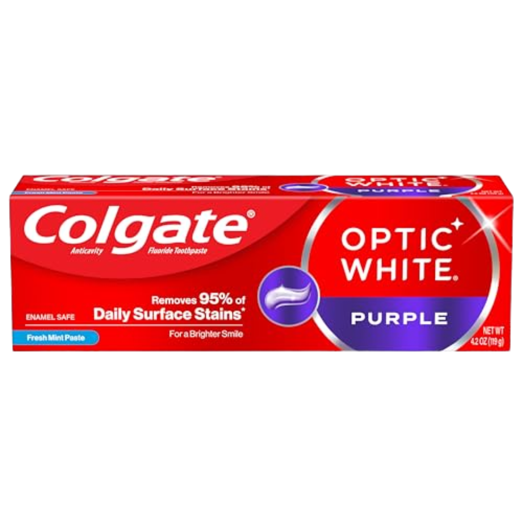 Tube de pasta dental Colgate Optic White Purple (4.2 oz) – blanqueamiento suave