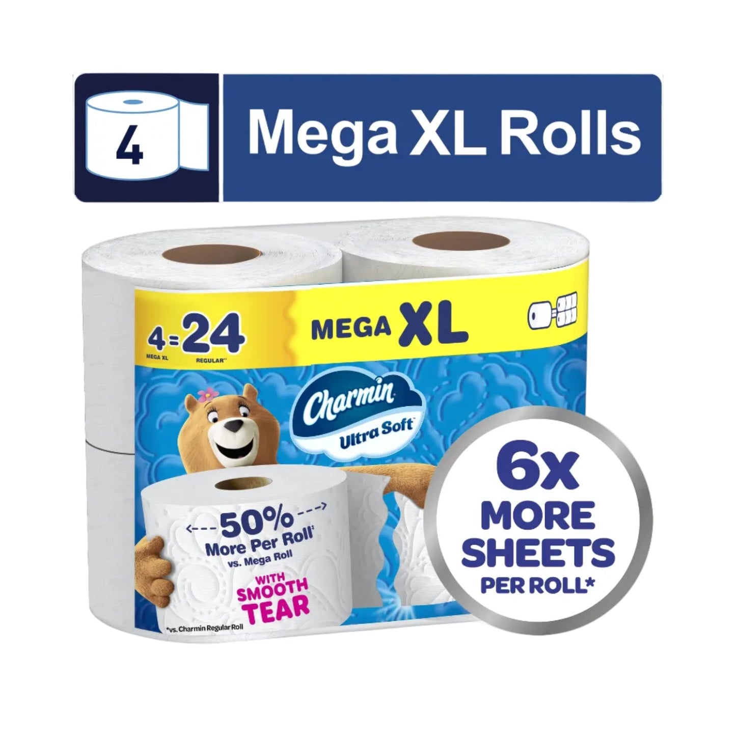 Charmin Mega XL toilet paper rolls in a 4-pack, featuring two large rolls with a blue, white, and yellow label. A blue banner at the top reads '4 Mega XL Rolls' and a silver circle at the bottom right says '6x MORE SHEETS PER ROLL*'.