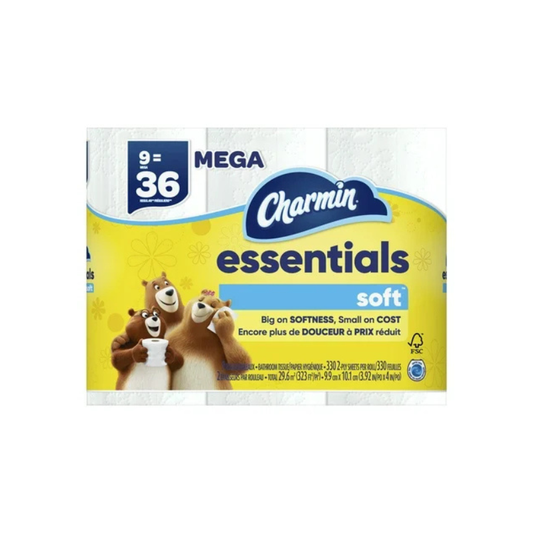 Charmin Essentials Soft Mega roll pack containing 36 soft paper towels, featuring a yellow and blue package design with the Charmin logo and cartoon bear characters.