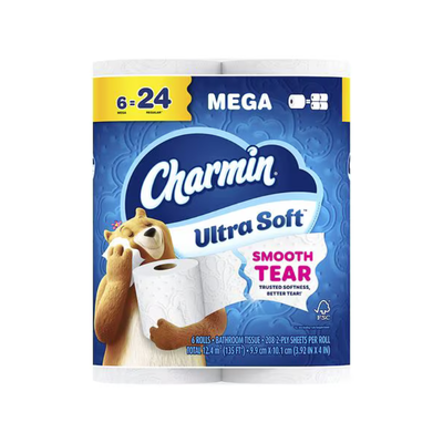 Charmin Ultra Soft Smooth Tear Toilet Paper, 6 Mega Rolls = 24 Regular Rolls (208 Sheets/Roll)