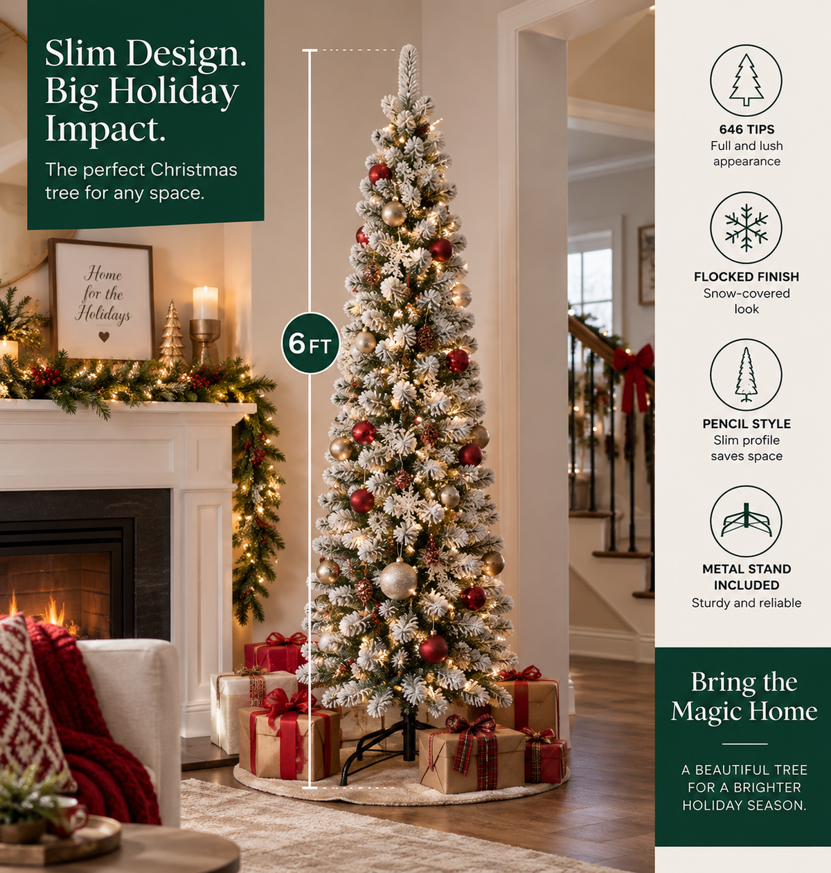 Flocked Pencil Christmas Tree with 646 Tips