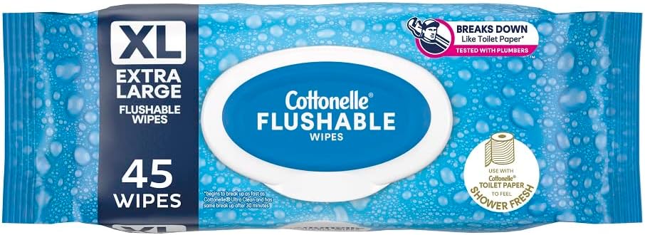 A package of Cottonelle Flushable Wipes in XL size, containing 45 wipes. The packaging features a bright blue and white design with a water droplet pattern, a dark blue vertical banner on the left, and a white oval in the center displaying the Cottonelle brand name.