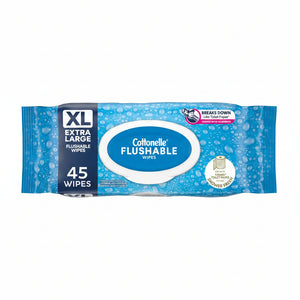 A package of Cottonelle Flushable Wipes in XL size, containing 45 wipes. The packaging features a bright blue and white design with a water droplet pattern, a dark blue vertical banner on the left, and a white oval in the center displaying the Cottonelle brand name.