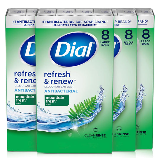  Dial refresh & renew antibacterial deodorant bar soap with mountain fresh scent on a white background.