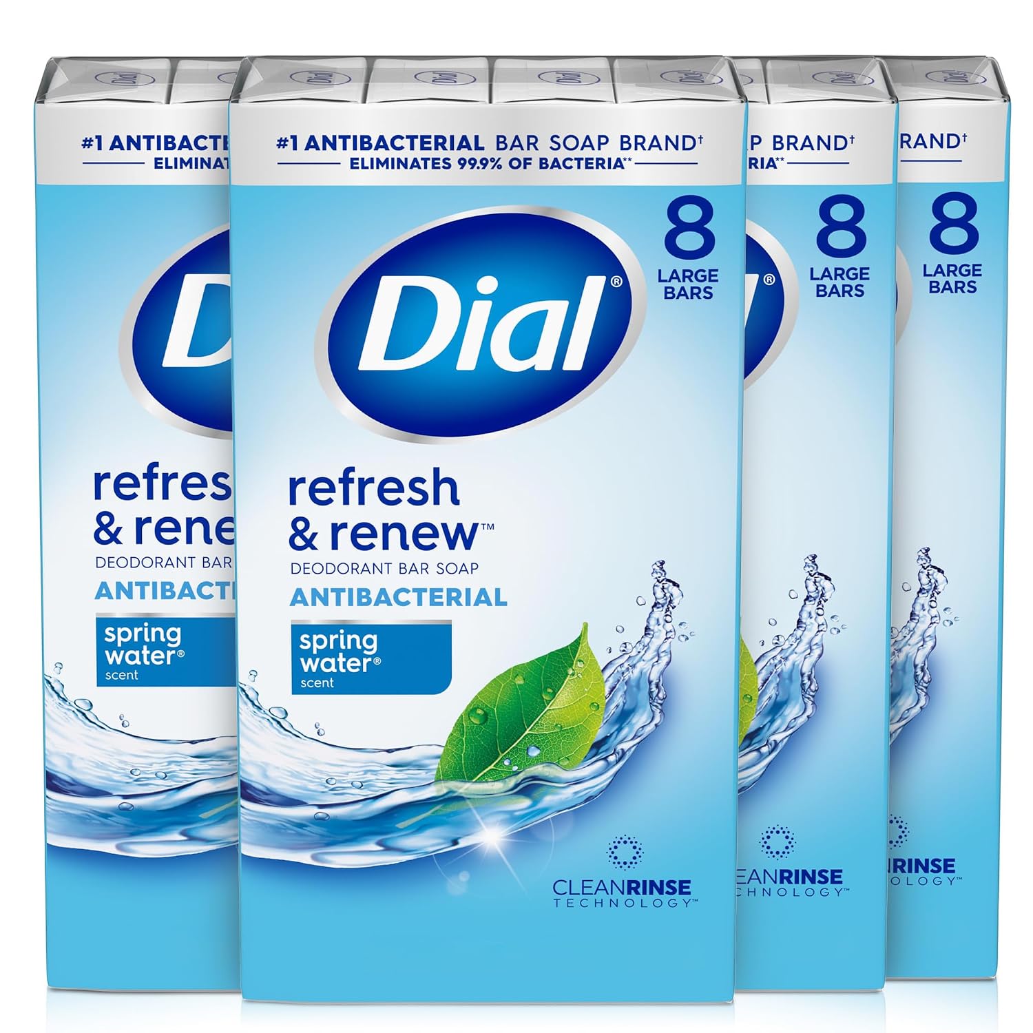 Packaging of Dial refresh & renew antibacterial deodorant bars with blue and white design.