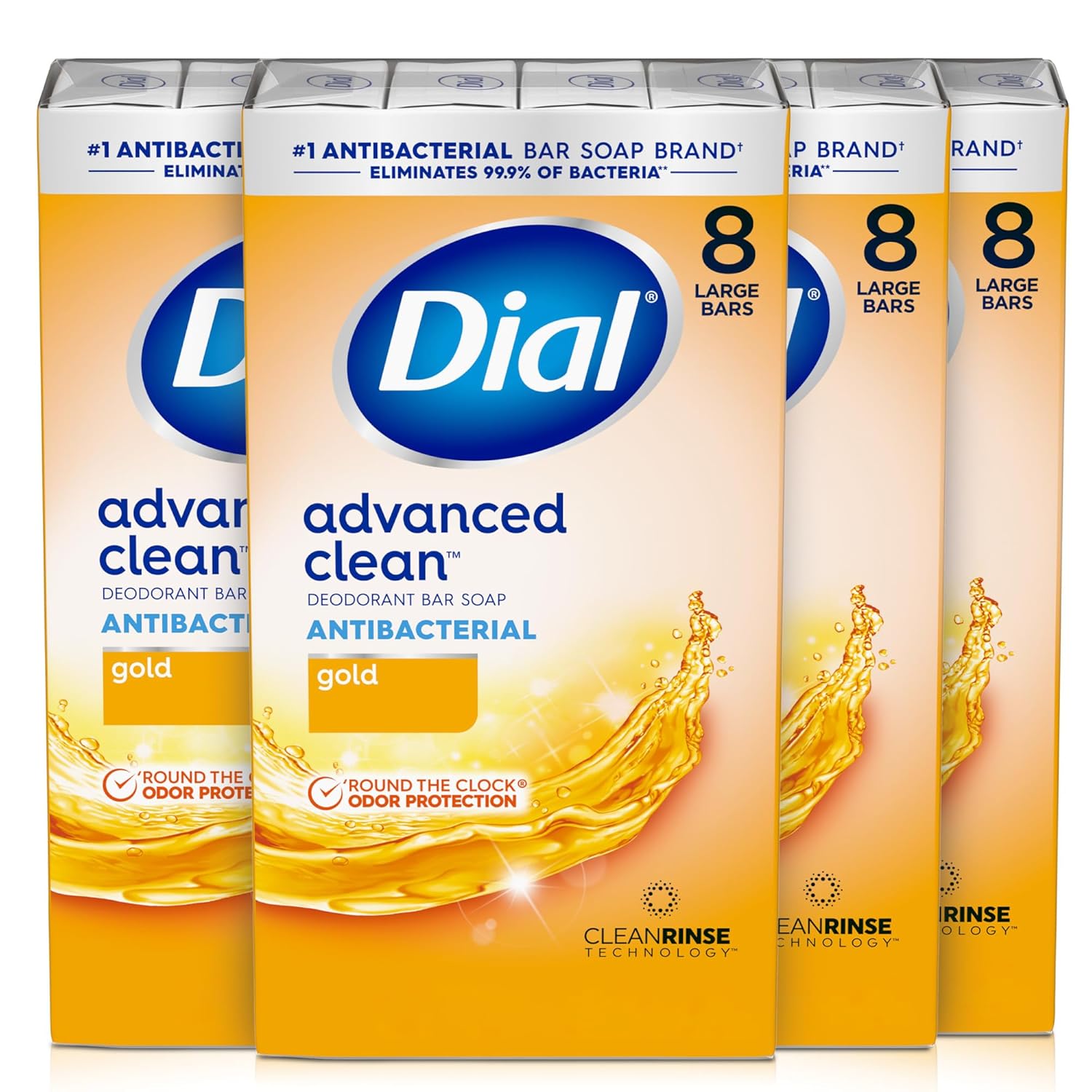 Three boxes of Dial Advanced Clean Antibacterial Deodorant Bar Soap on a white background