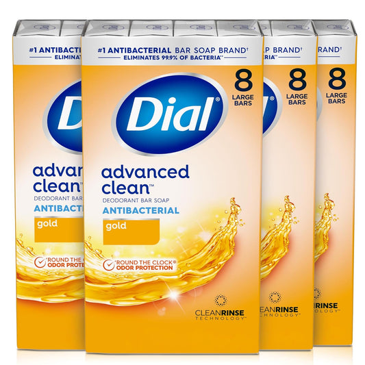 Three boxes of Dial Advanced Clean Antibacterial Deodorant Bar Soap on a white background