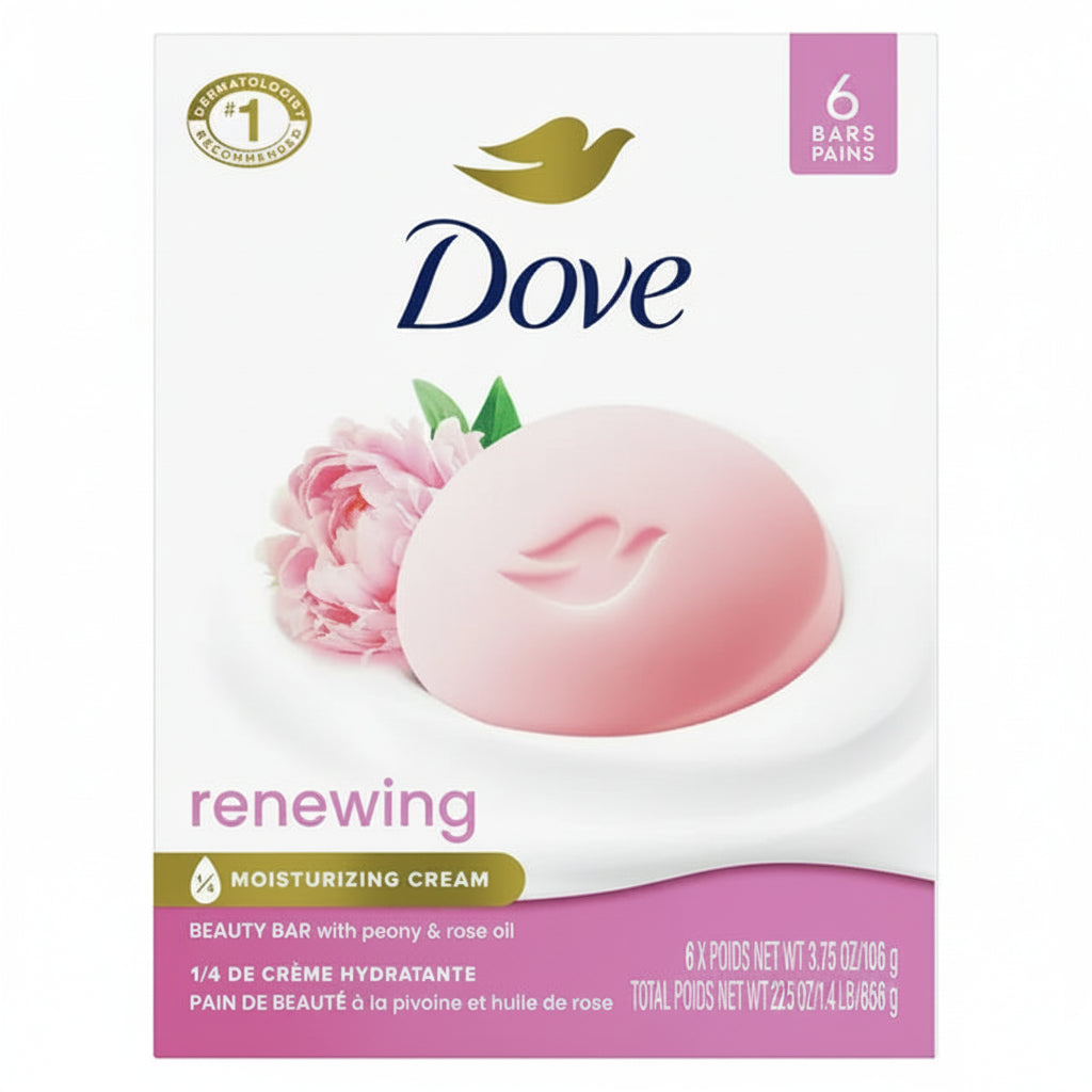Dove Renewing Moisturizing Cream beauty bar box containing 6 bars, featuring a pink peony and a pink soap bar on a white background.