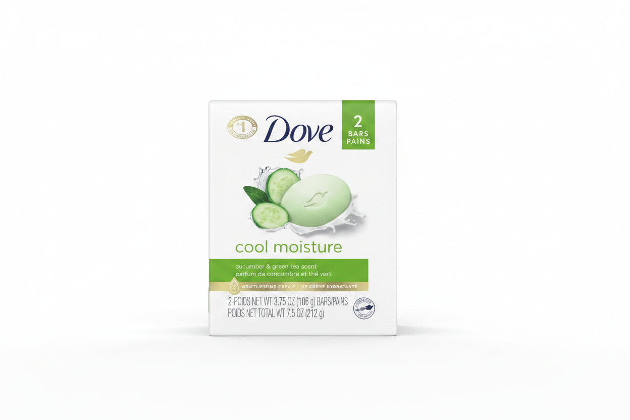 A package of Dove Cool Moisture cucumber and green tea scent soap bars, featuring a white box with green and blue branding and illustrations of a soap bar and cucumber slices.