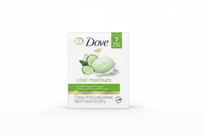 A package of Dove Cool Moisture cucumber and green tea scent soap bars, featuring a white box with green and blue branding and illustrations of a soap bar and cucumber slices.