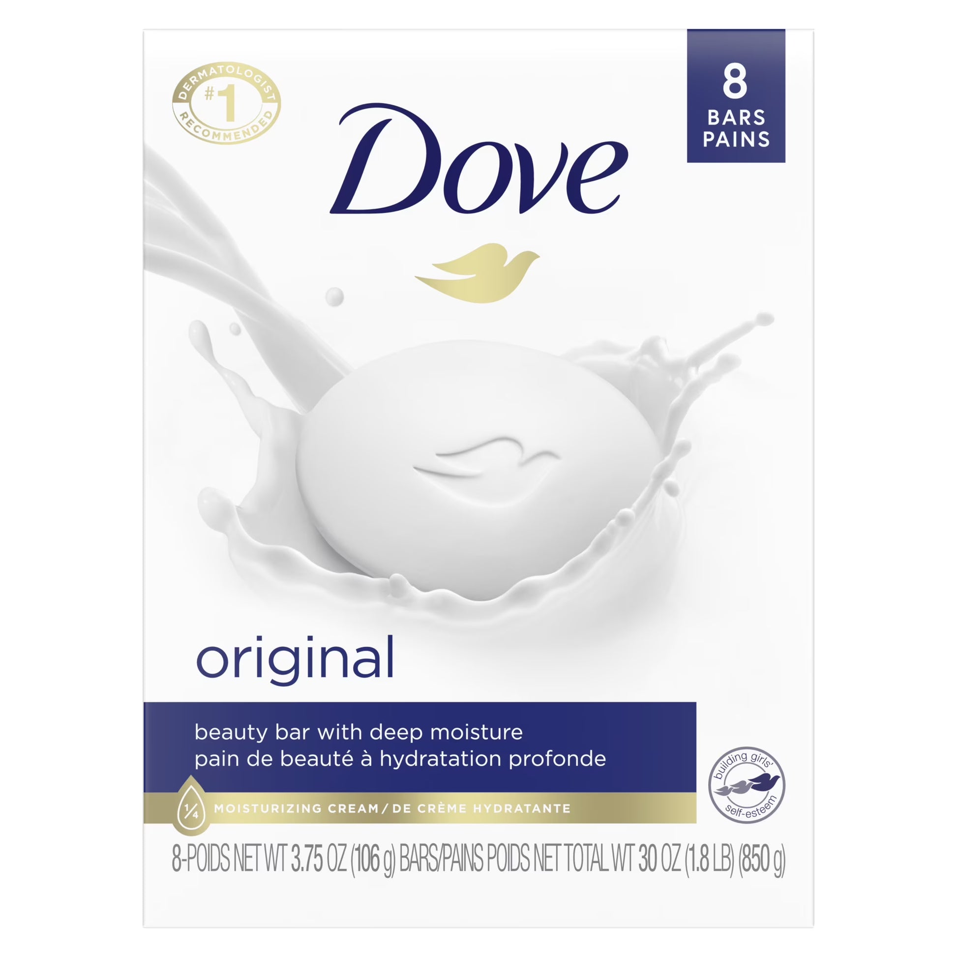 Dove soap bar packaging with milk splash design on a white background