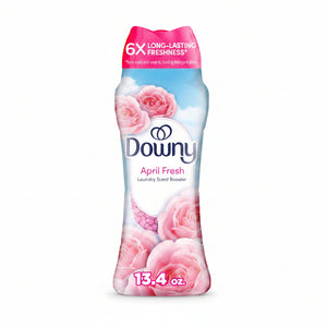 Downy April Fresh laundry scent booster bottle with pink roses and '6X Long-Lasting Freshness' text.