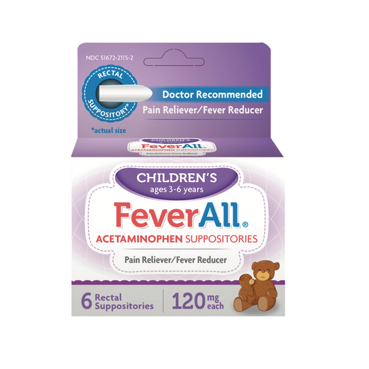 Supositorios FeverAll Children’s Acetaminophen 120 mg (6 ct) – edades 3–6 años
