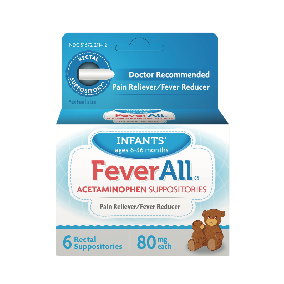 Caja de supositorios FeverAll Infants’ Acetaminophen 80 mg (6 ct) – edades 6–36 meses