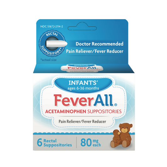 Caja de supositorios FeverAll Infants’ Acetaminophen 80 mg (6 ct) – edades 6–36 meses