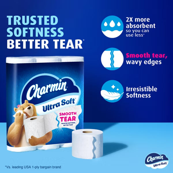 Charmin Ultra Soft toilet paper packaging with features on a blue background