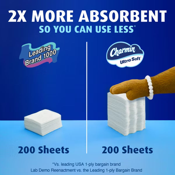 Comparison of Leading Brand 1000 and Charmin Ultra Soft toilet paper stacks on a blue background.