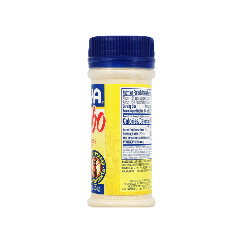 A bottle of El Boño Guayabero seasoning on a plain white background, showing the back of the label with nutritional information and a blue cap.
