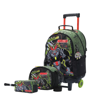 A rolling backpack set with a matching zip pouch and pencil case, featuring a green and black Gundam robot graphic print on a white background.