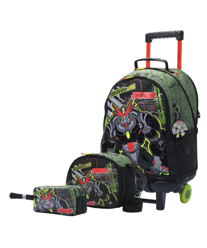 A rolling backpack set with a matching zip pouch and pencil case, featuring a green and black Gundam robot graphic print on a white background.