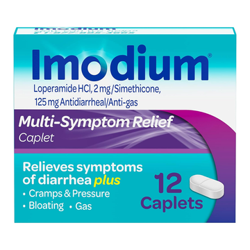 Cápsulas Imodium Multi‑Síntomas (12 ct) para diarrea y dolor abdominal