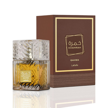 Botella de Lattafa Khamrah Qahwa Eau de Parfum (3.4 oz) para caballero, fragancia café especiado