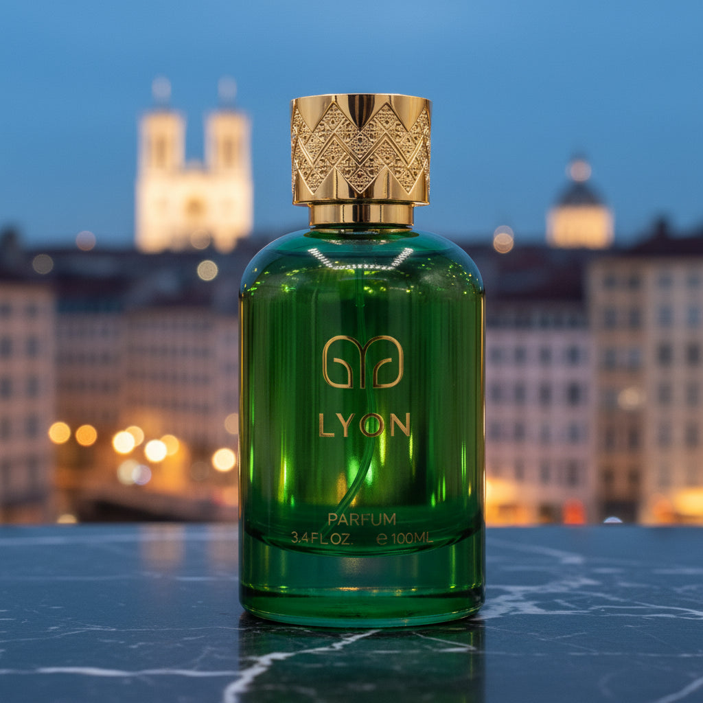 A green glass perfume bottle with a gold cap, labeled 'LYON PARFUM', on a plain white background.