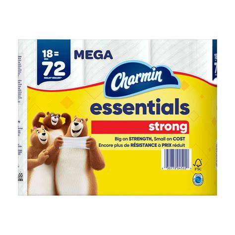 Charmin Essentials Strong Mega roll pack containing 72 sheets, featuring a bright yellow and white design with the Charmin logo and cartoon bears holding a single toilet paper sheet.