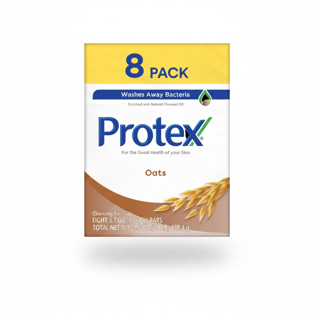 A box of Protex Oats 8-pack cleansing bar soap, featuring a white and yellow design with blue and green branding, on a solid white background.