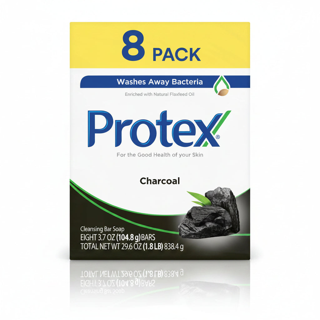 Protex Charcoal 8-pack cleansing bar soap box, featuring a white and yellow front label with blue and green branding, charcoal imagery, and product details.