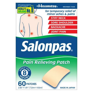 Salonpas pain relieving patch packaging with branding and product information.