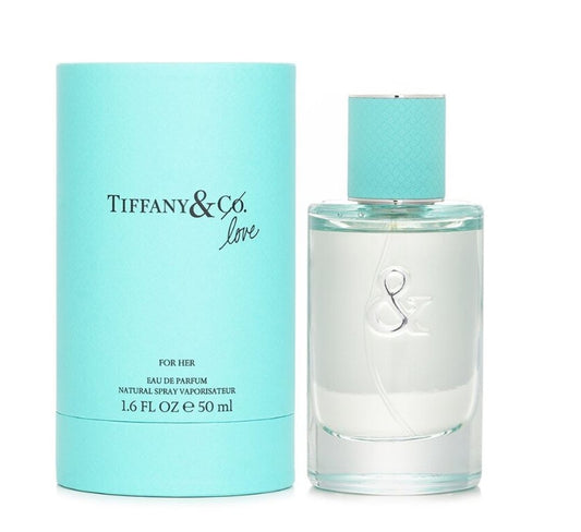Tiffany & Co. Love Eau de Parfum 50ml bottle next to its signature light blue cylindrical box, on a white background.