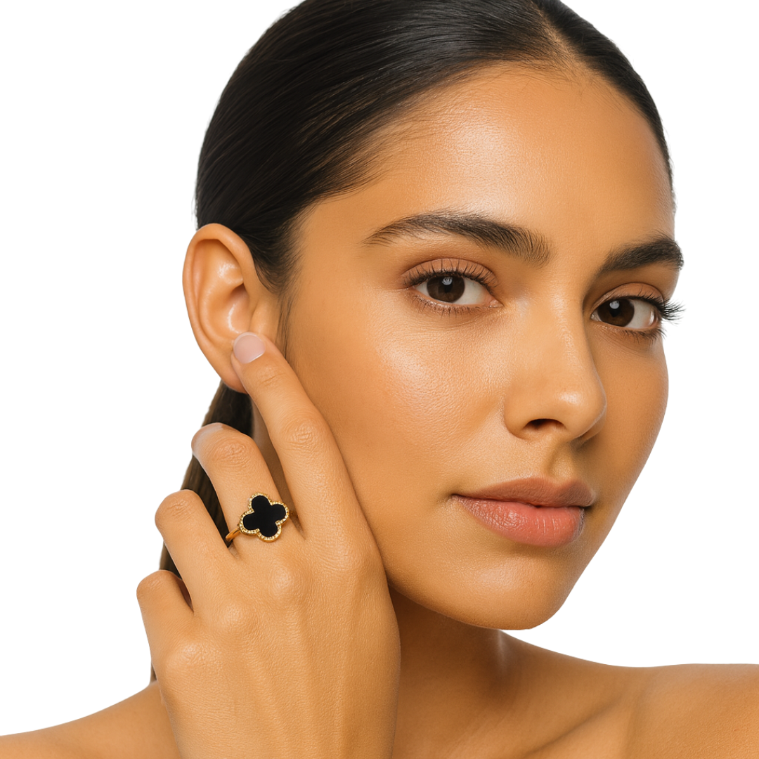 Sophia Black Clover Ring – Elegant Gold Plated Finish