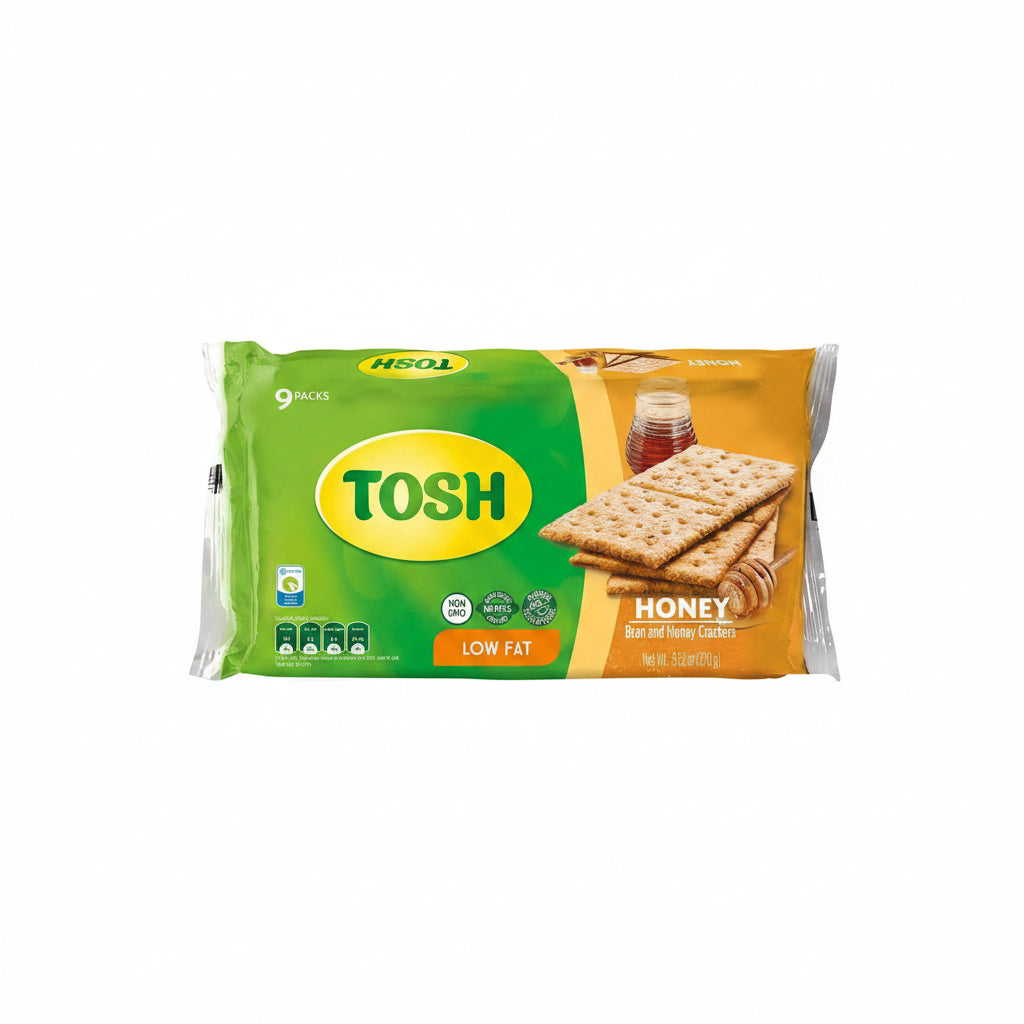 A 9-pack bag of TOSH Honey Bran and Honey Crackers, featuring a green and orange package design with an illustration of the crackers and a jar of honey.