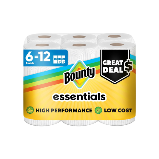 A six-pack of Bounty Essentials paper towels on a white background. The packaging features a bright yellow label with the 'Bounty' logo, a blue '6=12 Double' indicator, and a black 'GREAT DEAL $' badge.