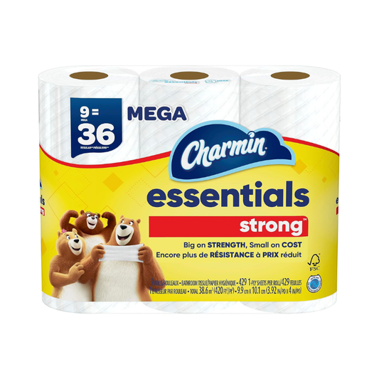 A pack of Charmin Essentials Strong paper towels, featuring three rolls visible through a clear window on the front. The packaging is yellow and blue with a red banner and cartoon bear graphics, labeled as a 9-pack Mega size.