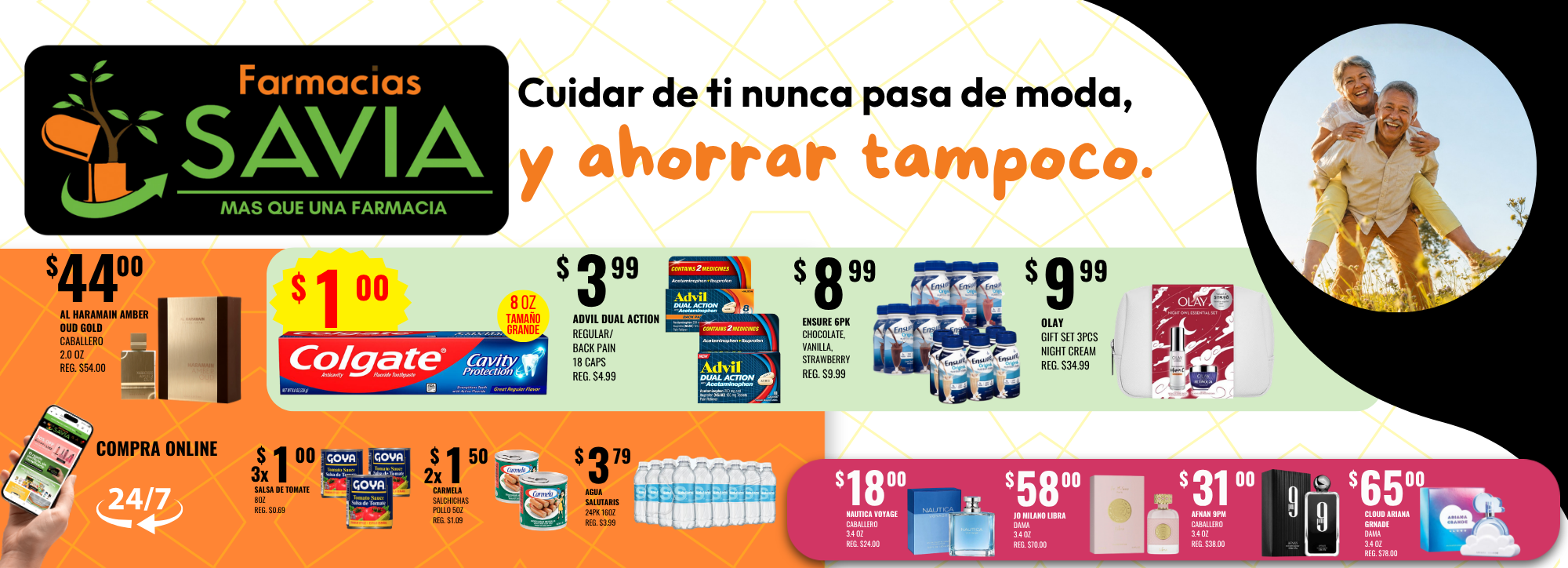 A colorful Spanish-language retail flyer or ad banner for Farmacias SAVIA, featuring promotional pricing, product bundles, and a circular photo of a man carrying a child on his shoulders. Multiple product brands are visible, including Colgate, Oral-B, Kleenex, and others.