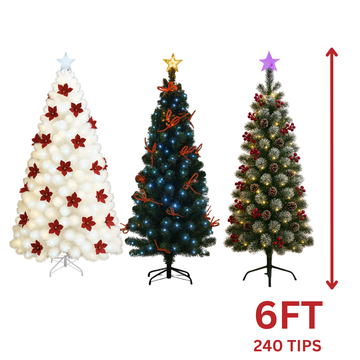 6FT Artificial Christmas Tree with Lights 240 Tips – White with Poinsettias, Green with Bows, or Green with Pinecones (AA2024-11-0903 / 0904 / 0905)