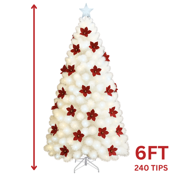 6FT Artificial Christmas Tree with Lights 240 Tips – White with Poinsettias, Green with Bows, or Green with Pinecones (AA2024-11-0903 / 0904 / 0905)