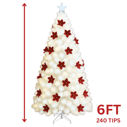 6FT Artificial Christmas Tree with Lights 240 Tips – White with Poinsettias, Green with Bows, or Green with Pinecones (AA2024-11-0903 / 0904 / 0905)