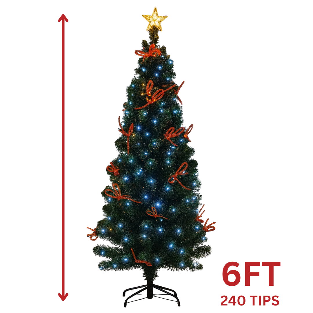 6FT Artificial Christmas Tree with Lights 240 Tips – White with Poinsettias, Green with Bows, or Green with Pinecones (AA2024-11-0903 / 0904 / 0905)