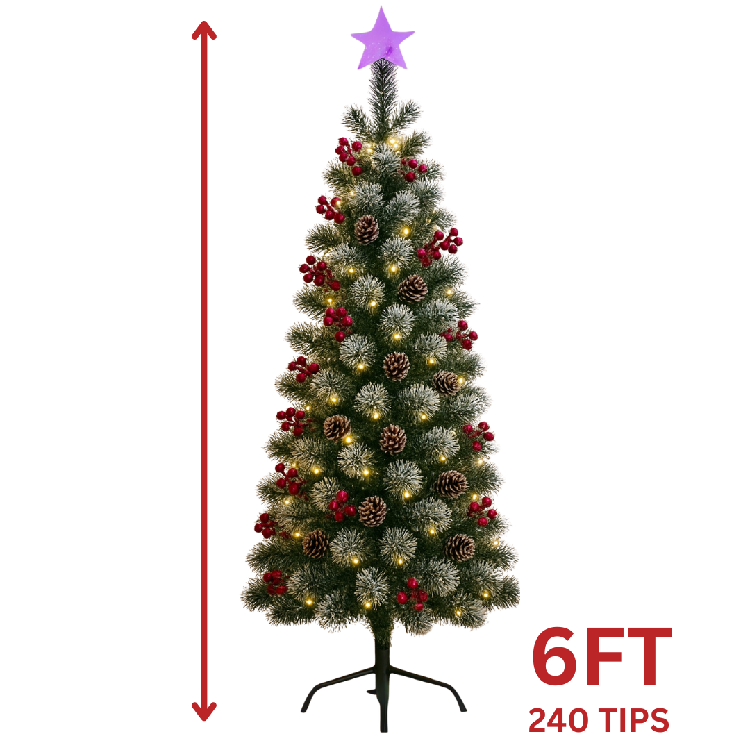6FT Artificial Christmas Tree with Lights 240 Tips – White with Poinsettias, Green with Bows, or Green with Pinecones (AA2024-11-0903 / 0904 / 0905)