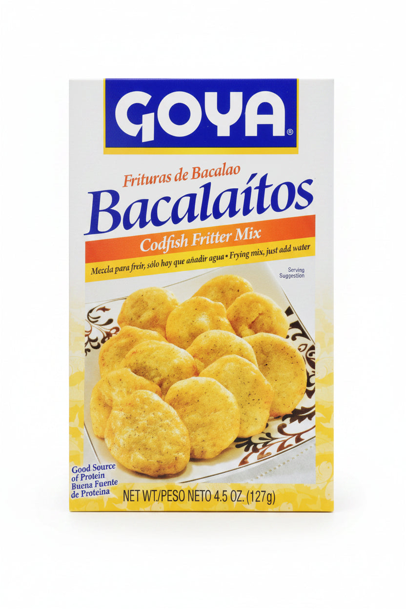 Box of Goya Bacalaitos Codfish Fritter Mix with codfish fritters on a plate.