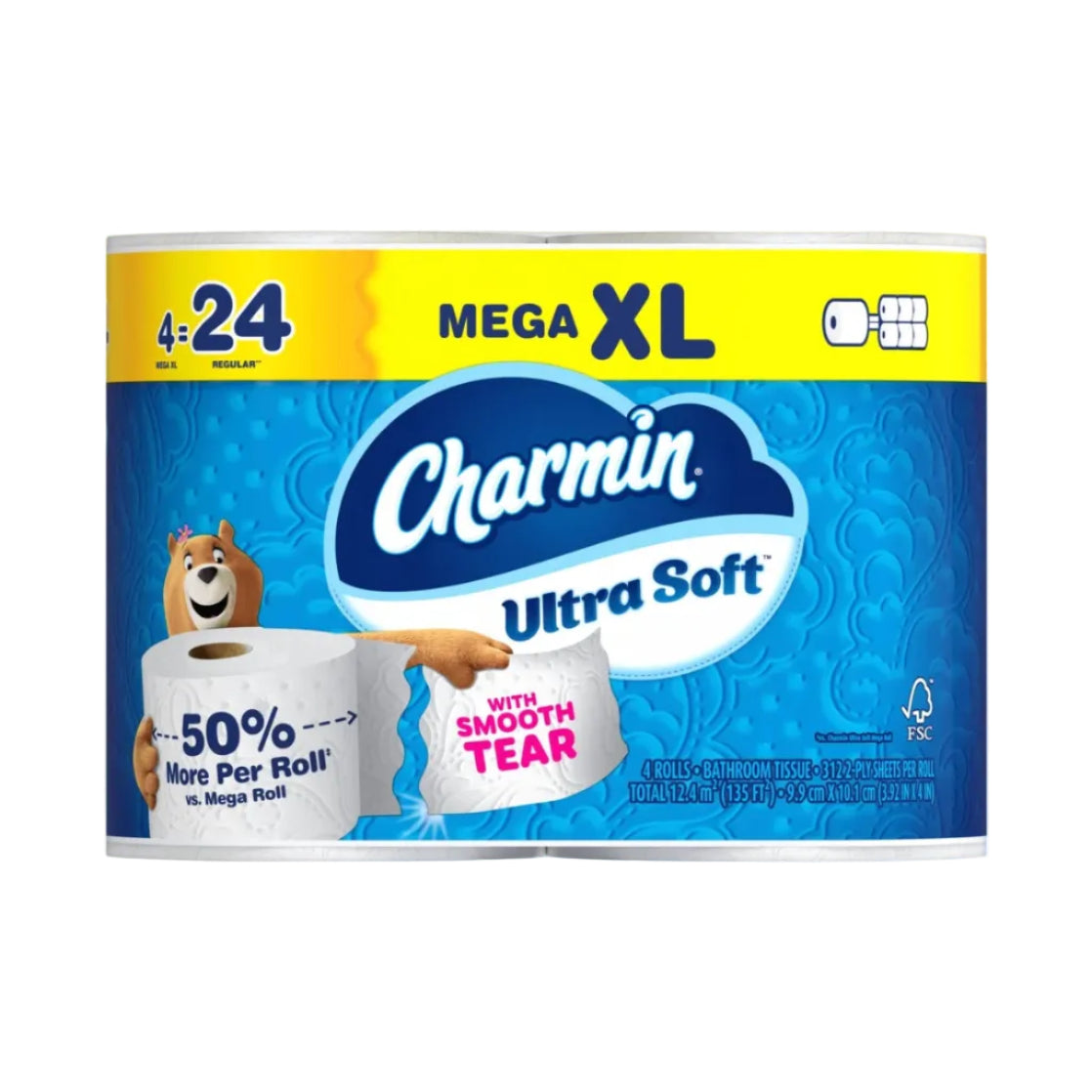Charmin Ultra Soft Mega XL toilet paper roll pack, featuring a blue and yellow design with a cartoon bear and text highlighting '4 for 24' and 'More Per Roll'.